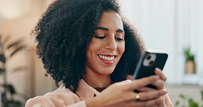 Woman, home and sofa and scrolling with smartphone, communication and browse on social media or smile for post. Website, online conversation and update blog on internet, apartment and typing or relax