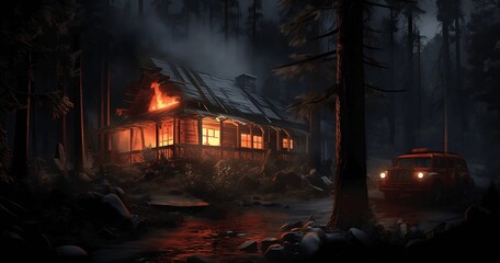 Abandoned house in a forest during a fire. Horror scene.. Generative AI