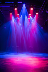 A stage with blue and red lights and chairs. Film studios