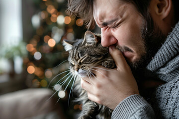 Person with cat allergy sneezing with their pet in their home, man showing the struggles of living...