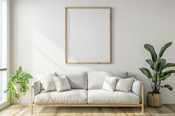 Light brown square wooden frame mockup in living room interior with sofa on white background. 3D rendering illustration.