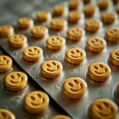 A row of yellow pills with smiling faces on them. Happiness concept