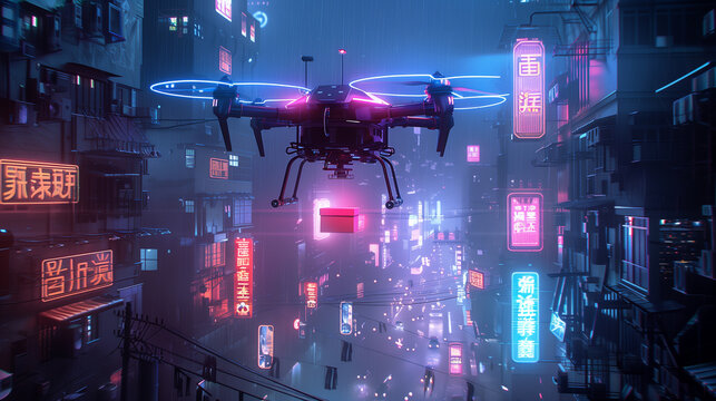 A drone navigates through a cyberpunk cityscape filled with vibrant neon lights and futuristic buildings, capturing a high-tech urban atmosphere.