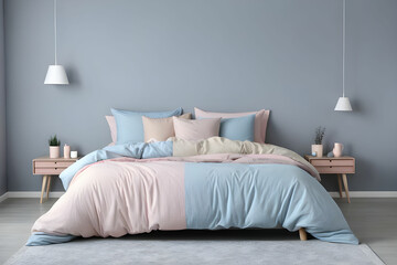 Pastel pink, beige and blue bedding on king size bed in trendy bedroom interior, copy space on empty grey wall