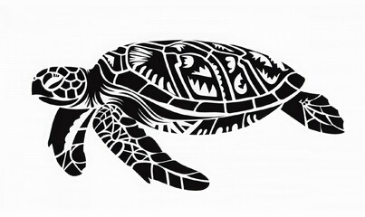 Fototapeta premium Black silhouette turtle with graphic pattern. Marine-themed tattoo design. Print for clothes. stylized shape silhouette turtle logo. Marine animals, the underwater world. World ocean day.