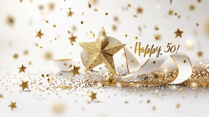 Celebrating 50, happy text in festive font, marking a joyful milestone, perfect for birthday invitations, anniversary announcements, or celebratory designs with a cheerful and vibrant theme