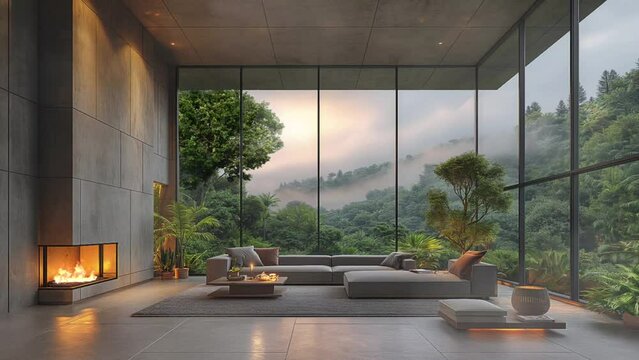 cozy modern living room with concrete paneling walls, floor sofa, large window and fireplace in nature, with forest view and cloudy sky animation video background