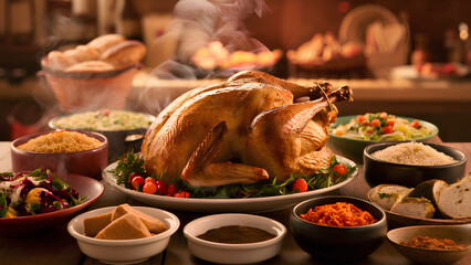 Food on a wooden table. The centerpiece is a succulent roasted turkey, surrounded by steaming bowls...