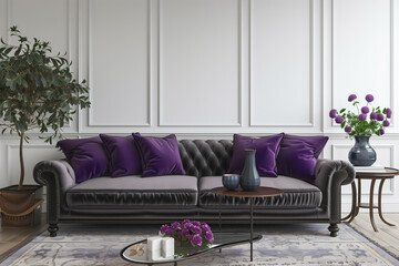 Living room interior wall mock up with grey velvet sofa and plants 3d render