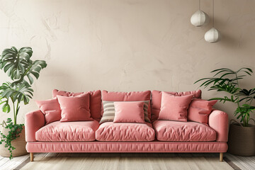 Living room interior wall mock up with pink tufted sofa multi-colored pastel pillows lamp and flowers in vase on neutral empty warm white background. Free space on top. 3D rendering.