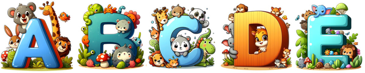 Alphabet letters A - E with fun cute cartoon animals around them, isolated on white