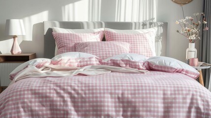 Beautiful pink and white gingham patterned duvet cover with pillows on modern bedroom bed in home interior design of modern living room, front view