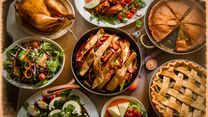 A delectable food photography poster showcasing a mouthwatering kitchen spread. The image features an assortment of dishes, including a golden roasted chicken, a sizzling pan of fajitas, a fresh salad