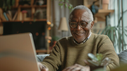 Obraz premium Photo of an elderly man in his late 60s with a kind face and glasses, wearing a pastel sweater, smiling gently while working on a laptop at a table. 