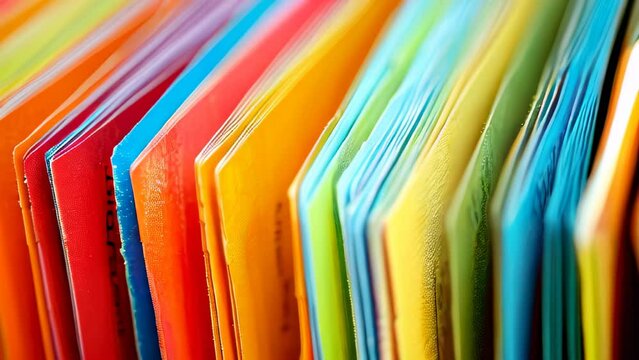 Close-up of colorful file folders arranged in row