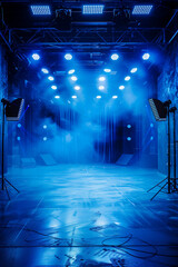 A blue stage with lights and smoke. Film studios