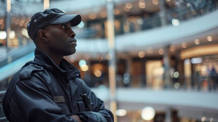 Black security guard watching over a mall or shopping center, in high quality photo