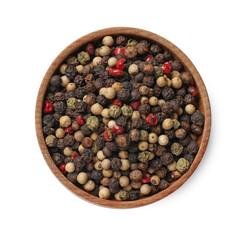 Aromatic spices. Different peppers in bowl isolated on white, top view