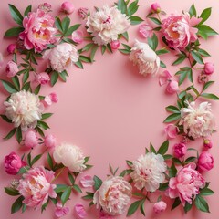 Fototapeta premium Peony flowers create a lovely frame on a pink background, providing a summer-inspired flat lay with generous copy space for your text or artwork.