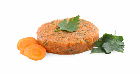 Uncooked carrot cutlet and ingredients isolated on white. Vegetarian product
