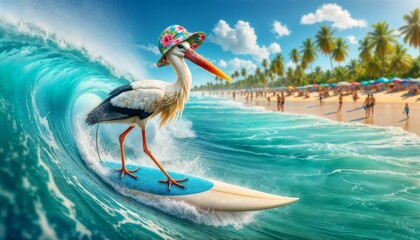 crane, stork, animal, funny, summer, tropical, ocean, beach, surfing, surfboard, waves, hawaiian shirt, sunglasses, pool, vacation