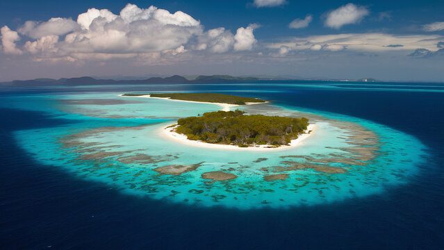 Tropical island of Al Marjan with beach, lagoon, and colorful coral reefs seen from above.