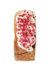 Round croissant with cream isolated on white, top view. Tasty puff pastry