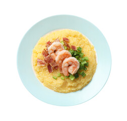 Plate with fresh tasty shrimps, bacon, grits and green onion isolated on white, top view