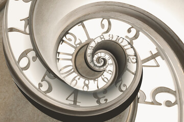 Infinity and other time related concepts. White clock face twisted in spiral, fractal pattern