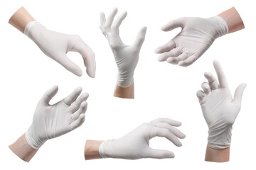 Woman wearing medical glove on white background, closeup. Collage of photos