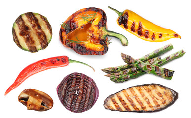 Different grilled vegetables isolated on white, set