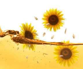 Sunflowers and seeds falling into cooking oil on white background