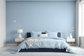 Sky blue or pale pastel tone bedroom with a blue navy bed. Empty painted wall for art. Mockup light background interior design rich home or hotel. Accent color trend. 3d rendering
