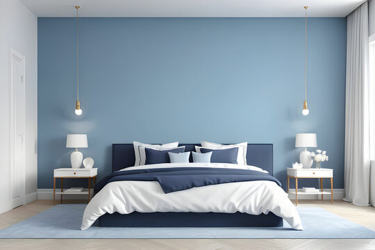 Sky blue or pale pastel tone bedroom with a blue navy bed. Empty painted wall for art. Mockup light background interior design rich home or hotel. Accent color trend. 3d rendering