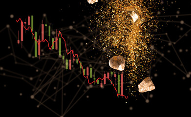 Price of gold decrease falling down as economic recession. Gold ingot glitter price falling down as...