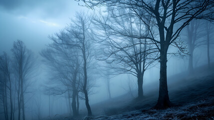 a mysterious foggy forest