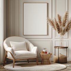 Stylish frame mockup on a living room wall, designed for ISO A paper size posters, featuring a modern interior and 3D house render.