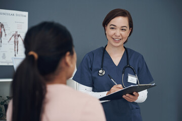 Nurse, woman and patient or clipboard for consultation in hospital with sick person, medical history and symptoms with back. Healthcare, expert and notes with question, treatment and help in checkup