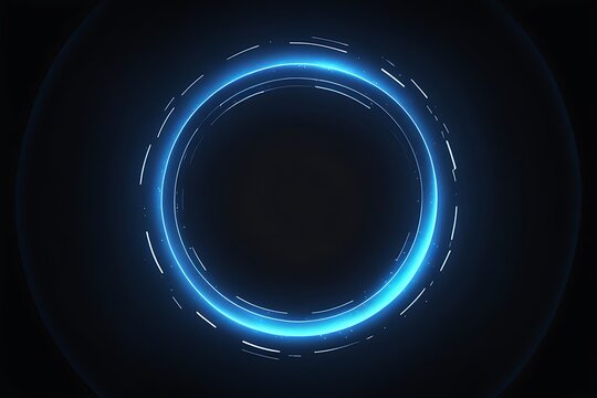  blue circle light frame on black background. Blue light effects on round placeholder for your text on dark background. A blue glowing circle. For futuristic or technology-themed designs. 