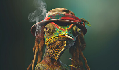 surreal reggae iguana with rasta hat smoking a cigarette in mystical ambiance