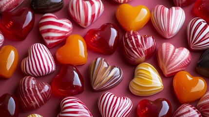 Obraz premium Colorful Glass Heart Candies on Pink Surface