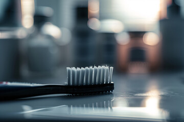 Close-up of a black toothbrush with white bristles on a reflective surface with blurred background