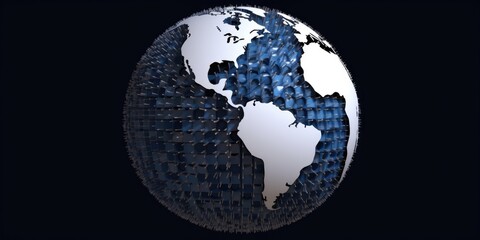 Glowing digital globe with network connectivity lines. Blue glowing globe with white continent with black background. Conceptual image for global communication networking system and technology. AIG35.
