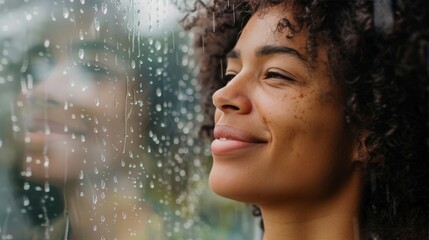 A woman smiles peacefully, savoring the soothing sound of raindrops tapping against her window.