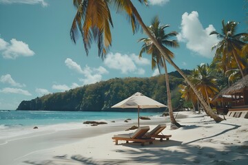 Naklejka premium With the sun's intense rays beating down, imagine reclining in luxury on a sun chair beneath a chic umbrella on the beach