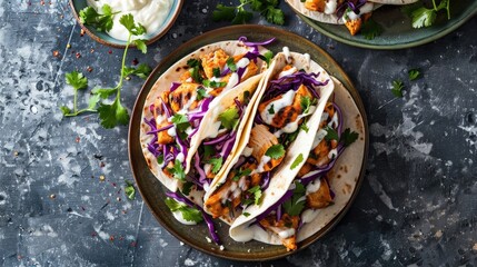 Colorful chicken tacos with white sauce and red cabbage on a plate, - Powered by Adobe