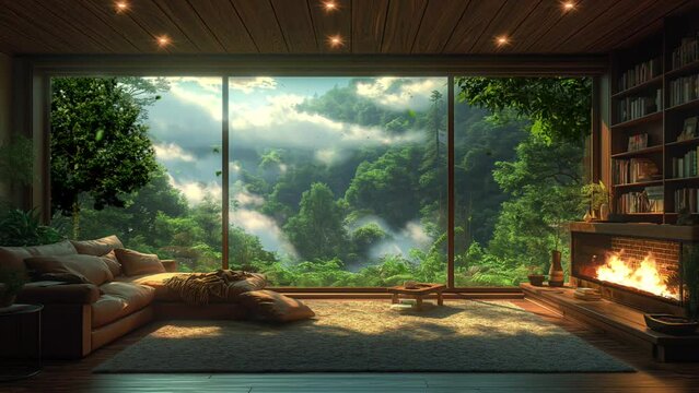 cozy modern living room with concrete paneling walls, floor sofa, large window and fireplace in nature, with forest view and cloudy sky animation video background