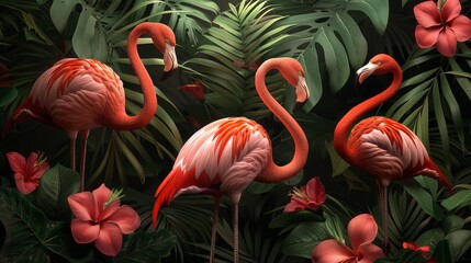 Fototapeta premium Surreal depiction of flamingos among lush digital foliage