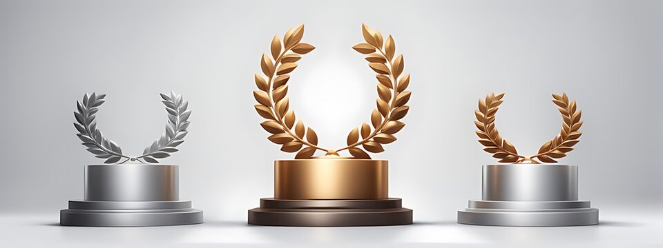  Winner award podium prize silver gold trophy win champion pedestal first stage bronze sport. Podium background winner 3d award ceremony medal platform laurel best place second third design light even