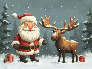 Santa and the Moose: A Festive Christmas Card Cartoon Greeting.  Inspired Watercolor Illustration. 